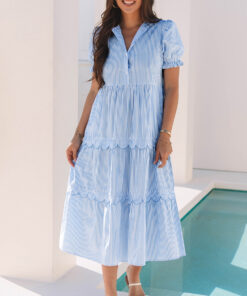 Sky Blue Stripe Bubble Short Sleeve Tiered Scallop Long Dress