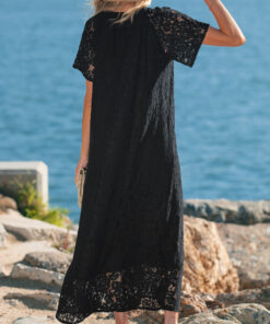 Alternative view of Black Floral Lace Overlay Tassel Tie Short Sleeve Beach Vacation Loose Maxi Dress