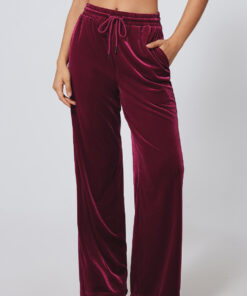 Burgundy Solid Drawstring Waist Wide Leg Pants