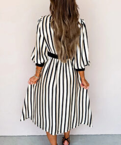 Alternative view of Black Stripe 3/4 Puff Sleeve Shirt Style Button Down Midi Dress