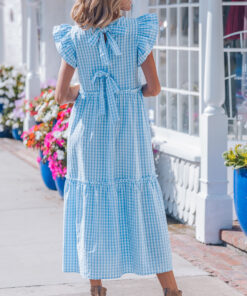 Alternative view of Sky Blue Knot Back Ruffled Short Sleeve Gingham Maxi Dress