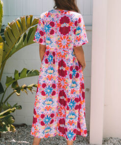 Alternative view of Rose Floral Tied Front High Waist Short Sleeve Loose Long Dress