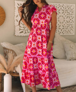 Strawberry Pink Geo Print V-neck Maxi Dress