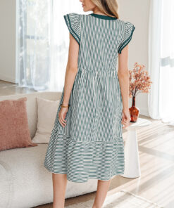 Alternative view of Green Stripe Double Ruffled Short Sleeve Contrast Trim V Neck Midi Dress