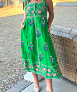 Alternative view of Green Floral Print Contrast Trim Knotted Straps Midi Dress