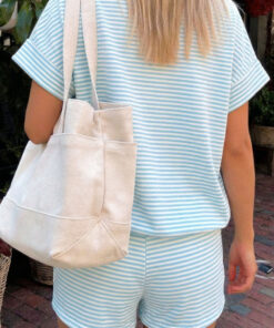 Alternative view of Sky Blue Stripe Cuffed Sleeve Contrast Mock Neck Tee Casual 2pcs Short Set