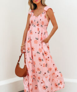 Pink Floral V Neck Smocked High Waist Ruffle Hem Long Dress