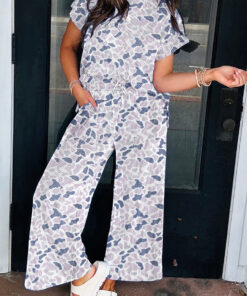 Beige Camouflage Print Twisted Rib Loose Tee Drawstring Pants Set