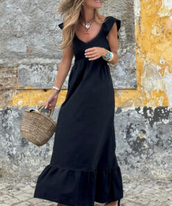 Alternative view of Black V Neck Flutter Sleeve Smocked Bodice High Waist Ruffle Maxi Dress