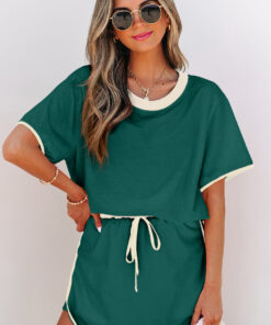 Evergreen Colorblock Edge Drop Shoulder T Shirt and Skort 2Pcs Set