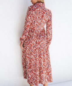 Alternative view of Orange Abstract Print V Neck Pleated High Waist Midi Dress