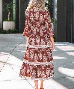 Alternative view of Brown Floral Print Belted Striped Trim Tiered Maxi Dress