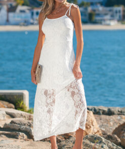 White Tie Spaghetti Straps Floral Lace Overlay Long Dress