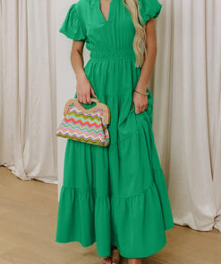 Bright Green Solid Color V Neck Short Puff Sleeve High Waist Tiered Maxi Dress
