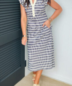 Blue Stripe Ruffled Short Sleeve Contrast Trim Button Notched Neck Midi Dress