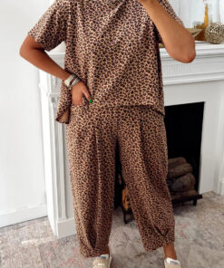 Brown Leopard High-Low Loose Tee Ankle Length Pants Set