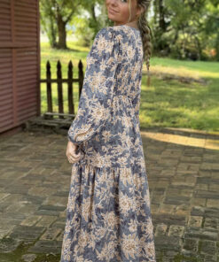 Alternative view of Sky Blue Floral Print Smocked High Waist Long Sleeve Maxi Dress