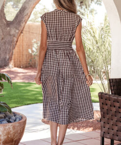 Alternative view of Coffee Plaid Print Full Zipper Cinched Waist Fit Flare Sleeveless Maxi Dress