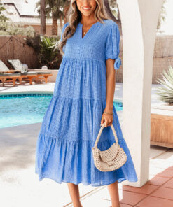 Dusk Blue Gingham Textured Bow Tie Short Sleeve Tiered Midi Dress