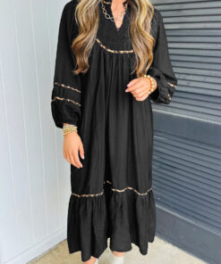 Black Contrast Leopard Trim Split Neck Long Sleeve Casual Midi Dress
