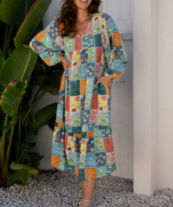 Sky Blue Mix Floral Checkered Pattern Bubble Sleeve Ruffle Hem Dress