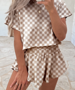 Brown Checkerboard T Shirt and High Waist Skorts 2 Piece Outfit