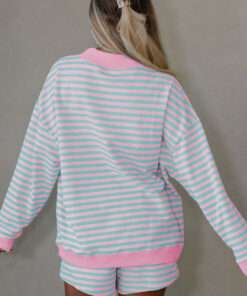 Alternative view of Pink Stripe Color Block Detail Long Sleeve Pullover Elastic Waist Pull On Shorts 2pcs Set