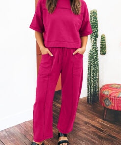 Rose Red Drop Shoulder Boxy Tee and Barrel Pants Set