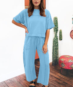 Alternative view of Sky Blue Drop Shoulder Boxy Tee and Barrel Pants Set