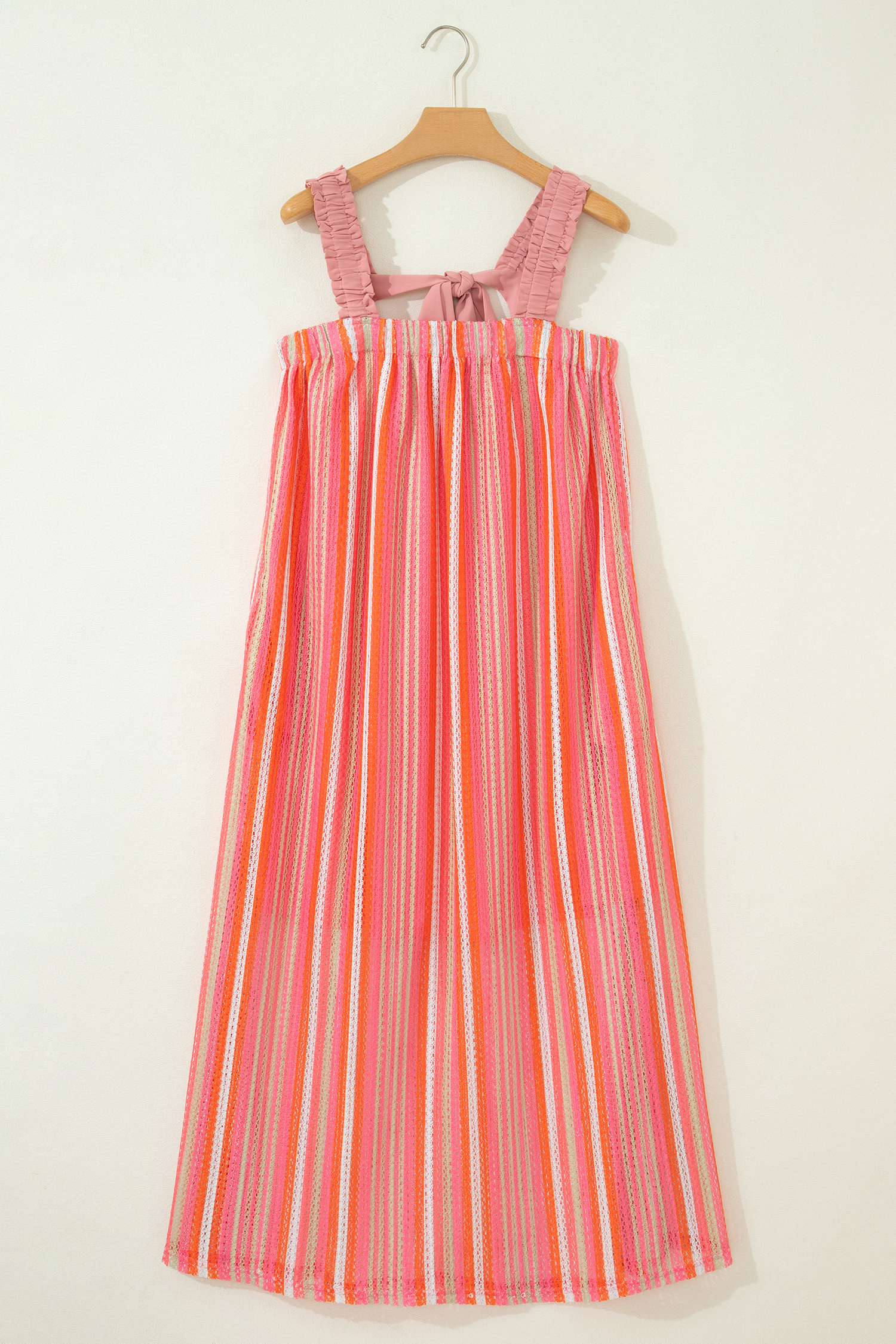 Pink Stripe Ruffled Straps Ribbon Knot Flowy Vacation Maxi Dress - Image 6