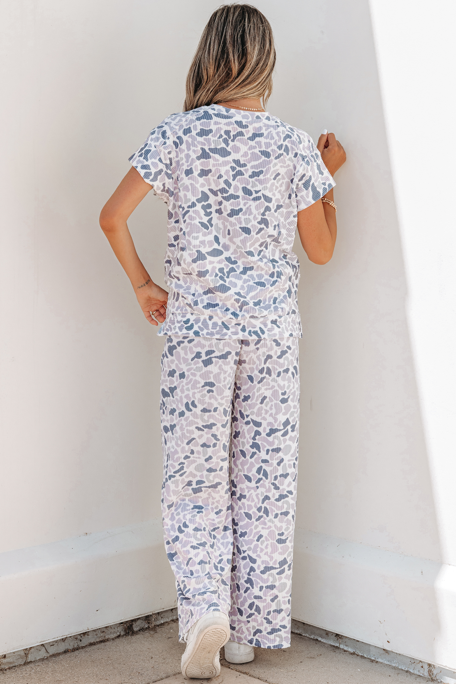 Beige Camouflage Print Twisted Rib Loose Tee Drawstring Pants Set - Image 17