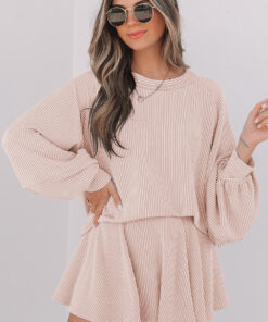 Jet Stream Corded Lantern Sleeve Top High Waist Ruffled Mini Skort Set