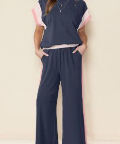 Navy Blue Color Block Detail Casual Two-piece Set