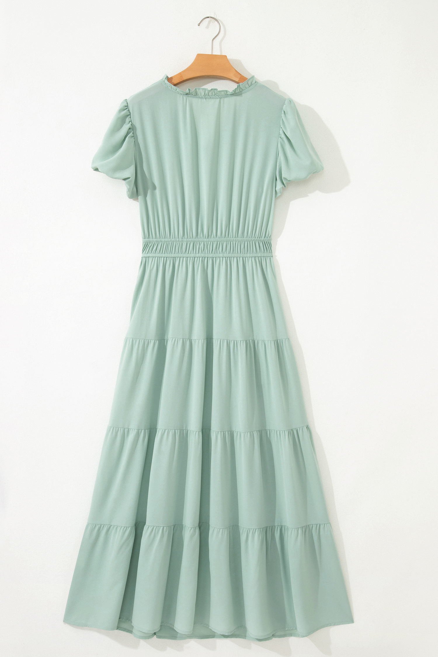 Clearly Aqua Solid Color V Neck Short Puff Sleeve High Waist Tiered Maxi Dress - Image 6