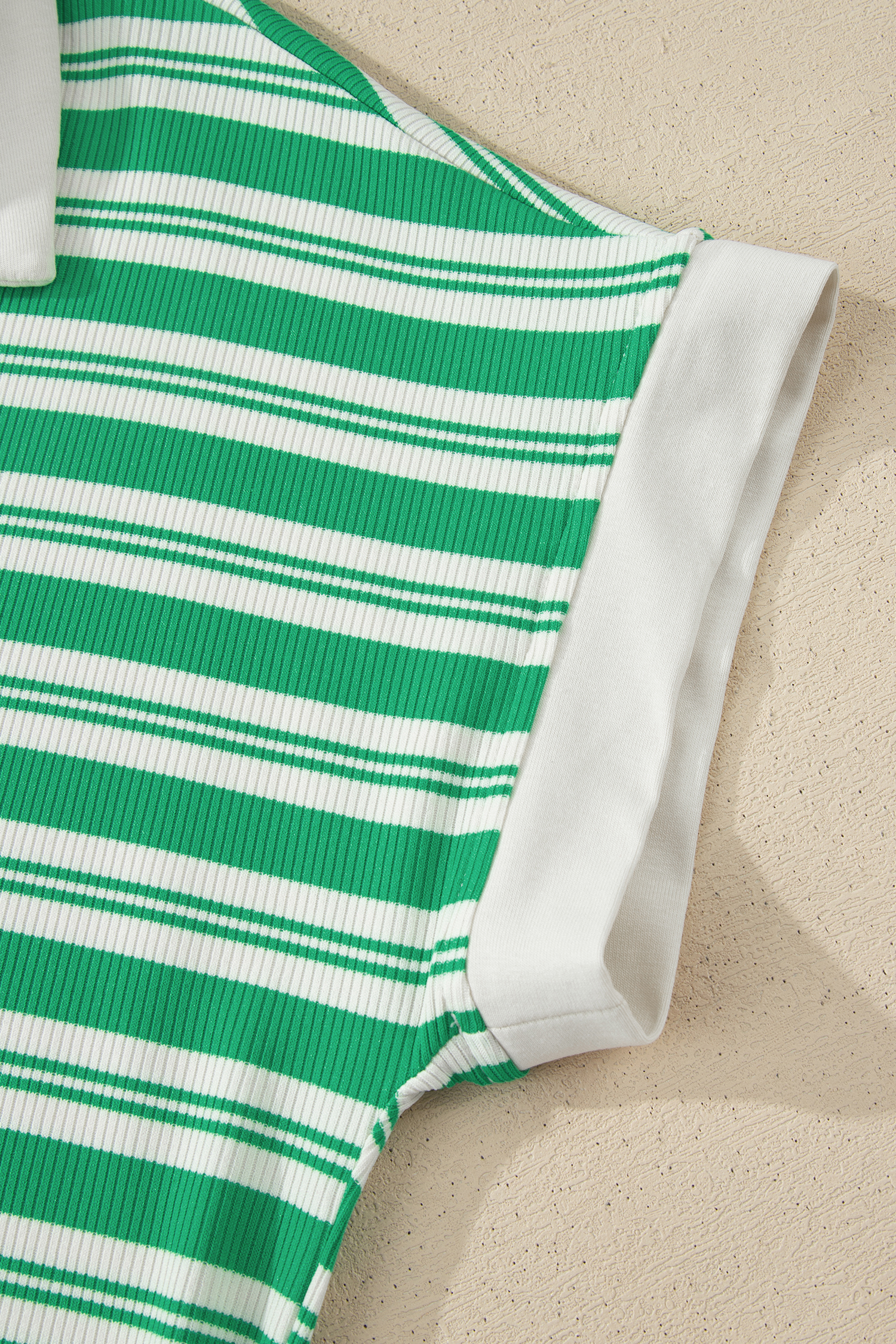 Green Stripe Collared V Neck Short Sleeve T Shirt Midi Dress with Pockets - Image 13