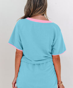 Alternative view of Turquoise Colorblock Edge Drop Shoulder T Shirt and Skort 2Pcs Set