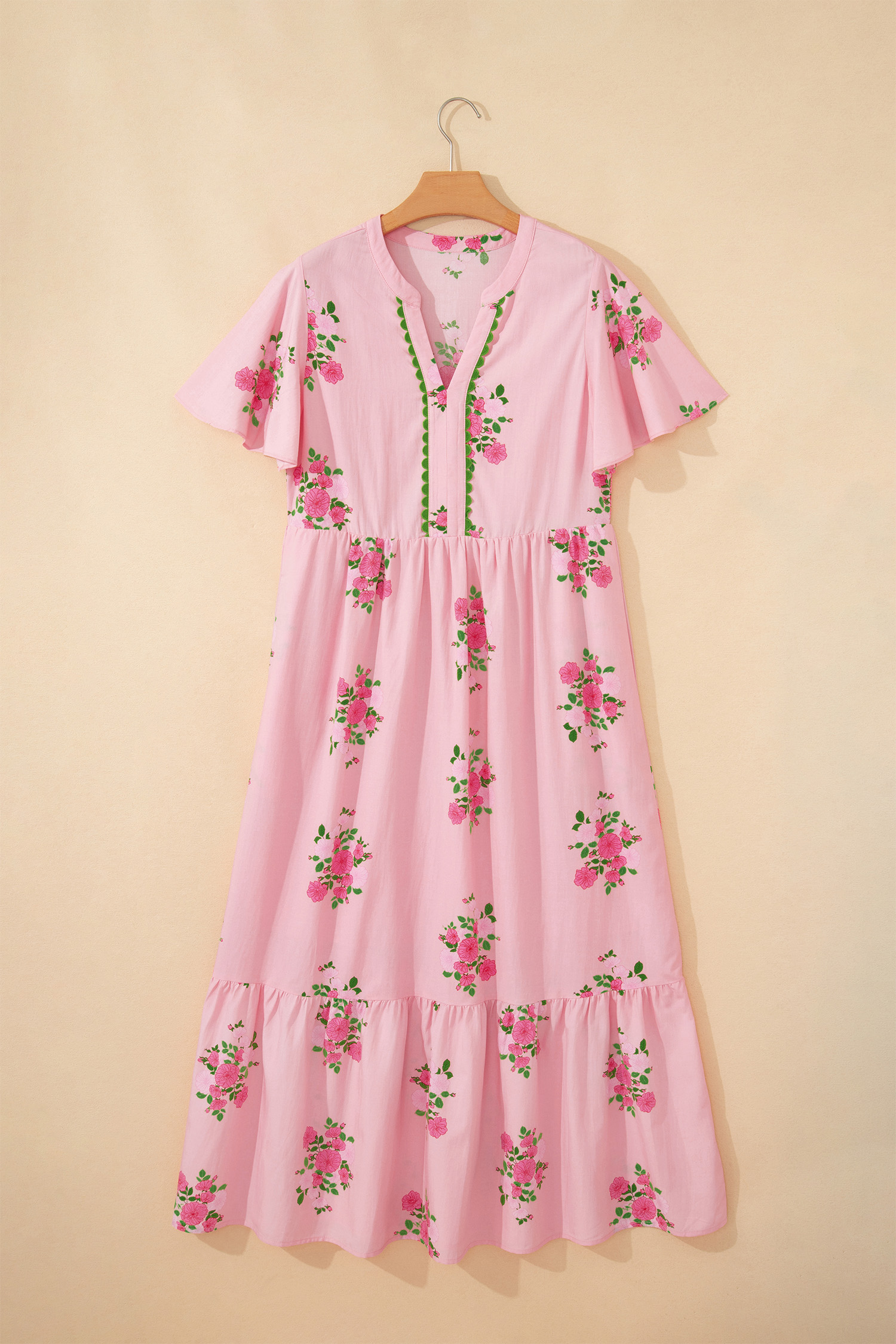 Pink Notched Neck Flutter Short Sleeve Floral Print Maxi Dress - Image 8