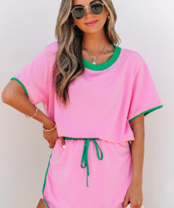 Bonbon Colorblock Edge Drop Shoulder T Shirt and Skort 2Pcs Set