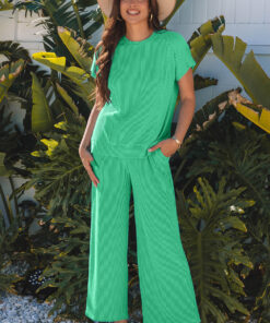 Bright Green Solid Corded Knit Short Sleeve T Shirt and Wide Leg Pants Set