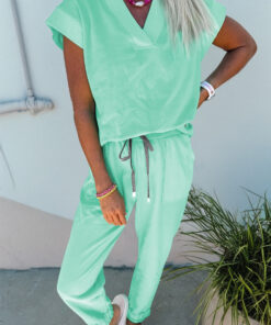 Mint Green Solid Color V Neck Tee Drawstring Pant Set