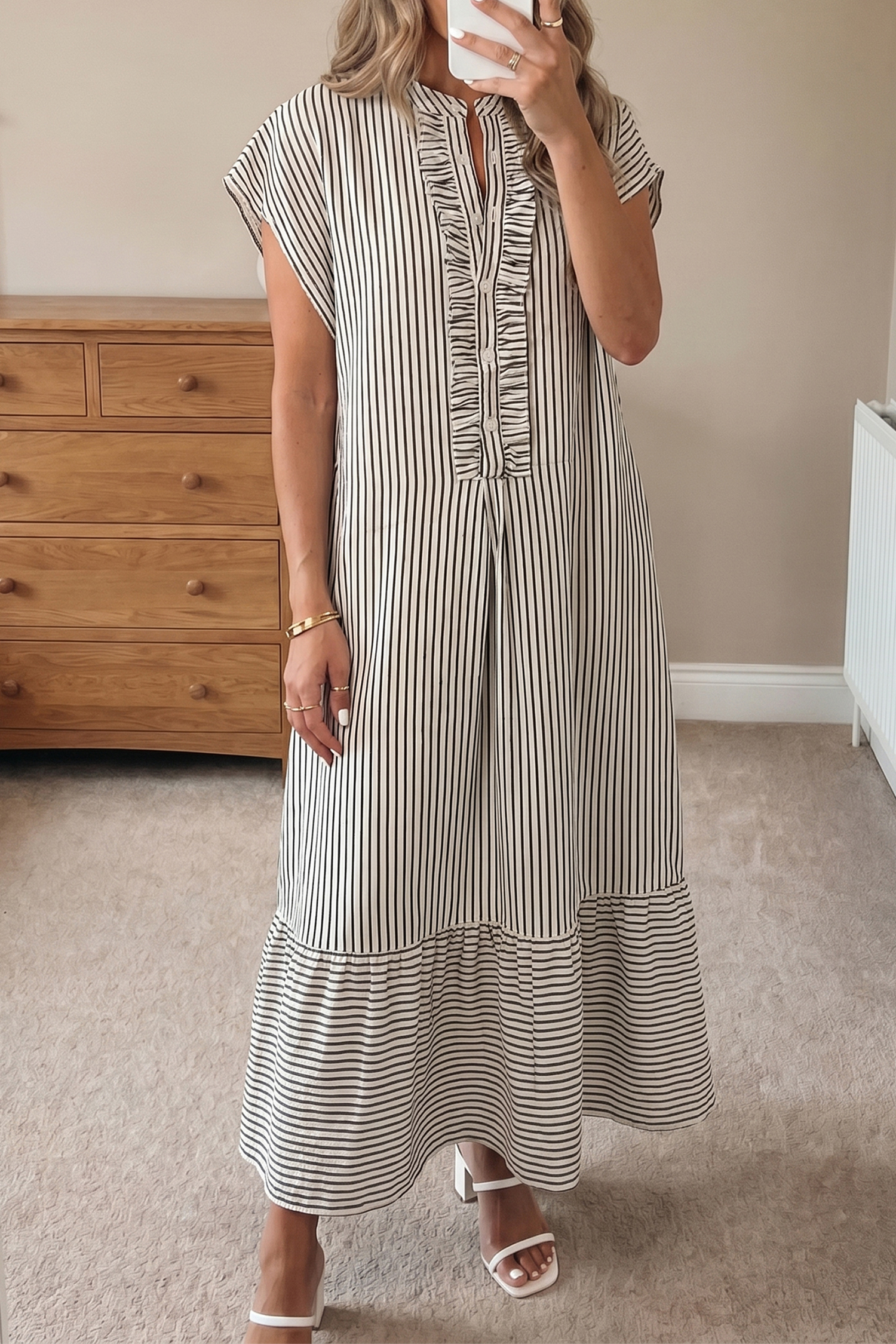Black Stripe Frilled Detail Half Buttons Short Sleeve Long Dress - Image 9