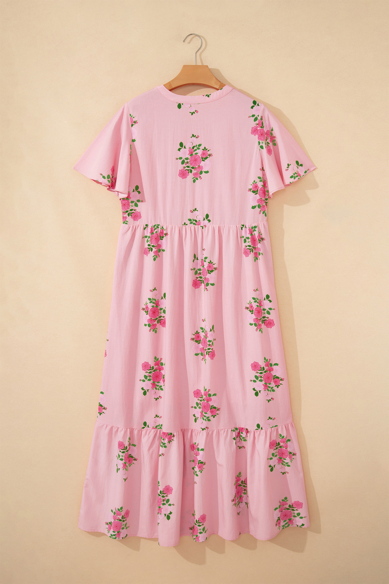 Pink Notched Neck Flutter Short Sleeve Floral Print Maxi Dress - Image 9