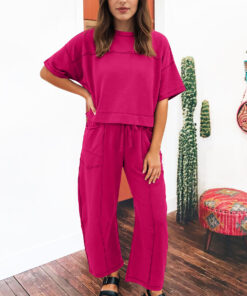 Alternative view of Rose Red Drop Shoulder Boxy Tee and Barrel Pants Set