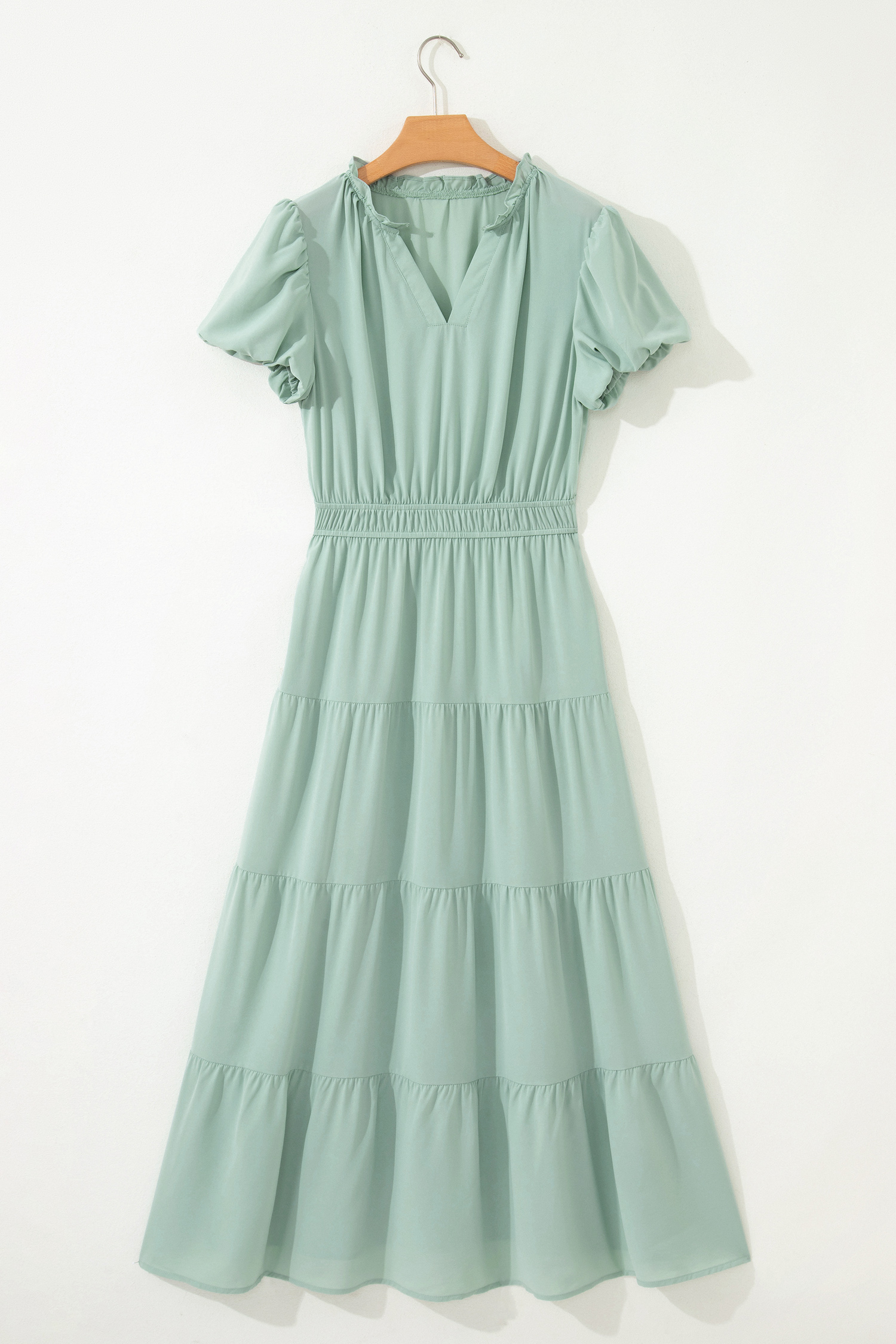 Clearly Aqua Solid Color V Neck Short Puff Sleeve High Waist Tiered Maxi Dress - Image 5