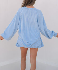 Alternative view of Sky Blue Corded Lantern Sleeve Top High Waist Ruffled Mini Skort Set