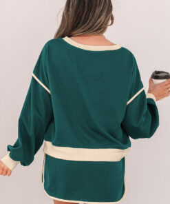 Alternative view of Evergreen Color Contrast Loose Pullover and Lace-up Waist Skort Set