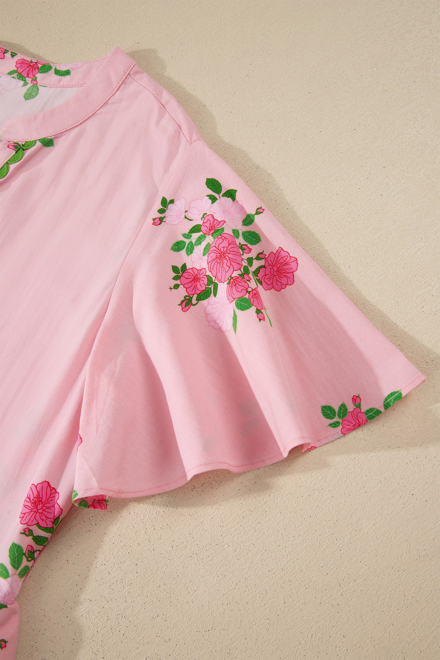 Pink Notched Neck Flutter Short Sleeve Floral Print Maxi Dress - Image 13