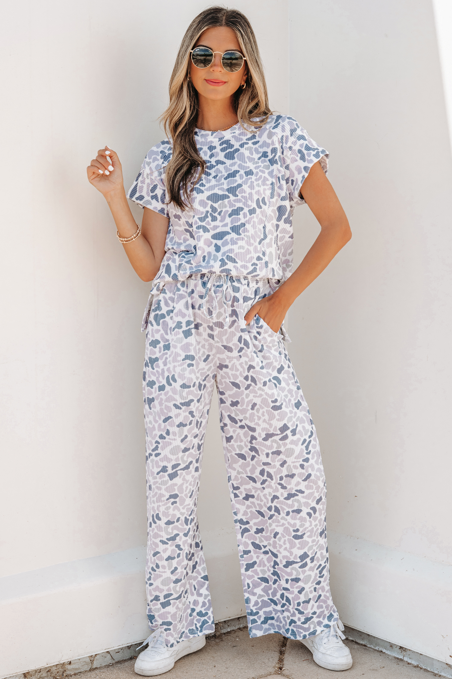 Beige Camouflage Print Twisted Rib Loose Tee Drawstring Pants Set - Image 16