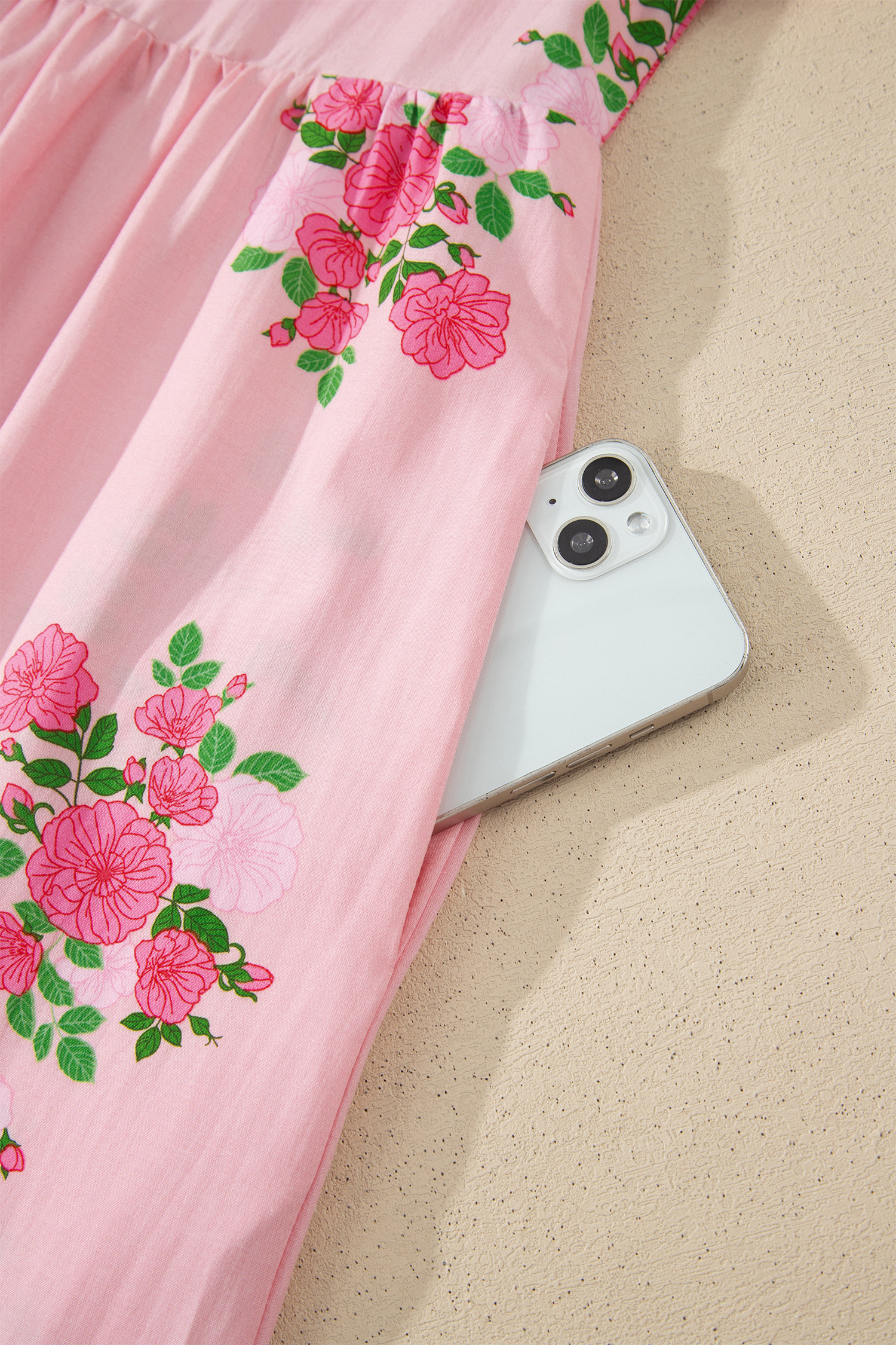Pink Notched Neck Flutter Short Sleeve Floral Print Maxi Dress - Image 14