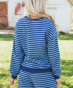 Alternative view of Blue Stripe Drop Shoulder Long Sleeve Pullover Elastic Waist Casual Short Set